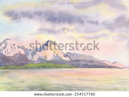 Sea landscape with mountains. Painting. watercolor