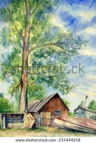 Country house with a tree and boats. Painting. watercolor
