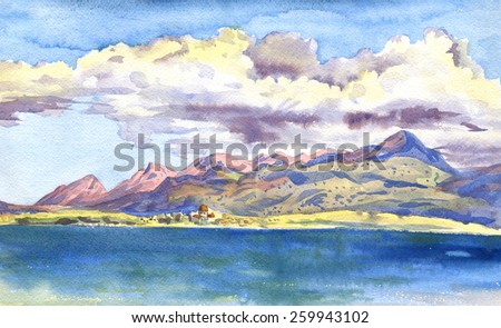 Mountains and clouds. City by the sea. The paintings. Watercolor