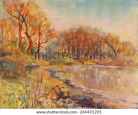 Landscape with trees by the river. Painting. Watercolor