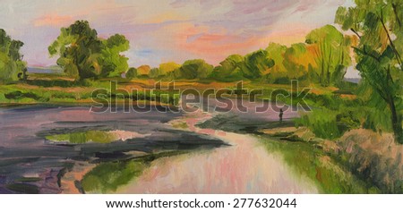 Landscape showing a man stands on the banks of a drying river. Oil painting