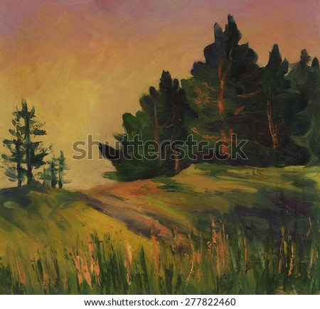 The landscape of pine forest near the road. Oil painting