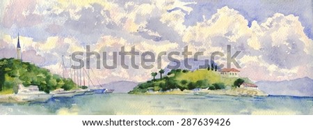 Summer sea panorama of mountains and Islands. Painting. Watercolor