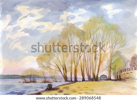 Spring landscape with trees by the river. Painting. Watercolor