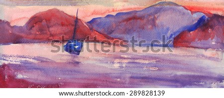 Yacht in the sea on the backdrop of mountains at sunset. Painting. Watercolor