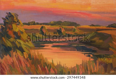 Summer landscape with sunset on the river. Oil painting