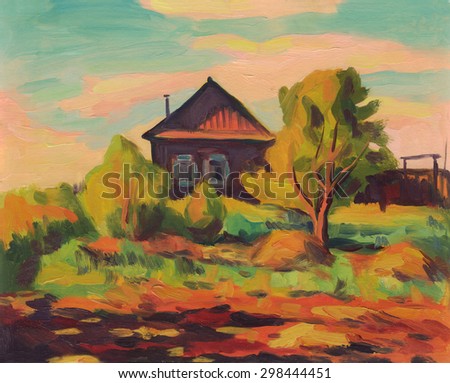 Summer landscape with house, garden, haystacks and trees. Oil painting