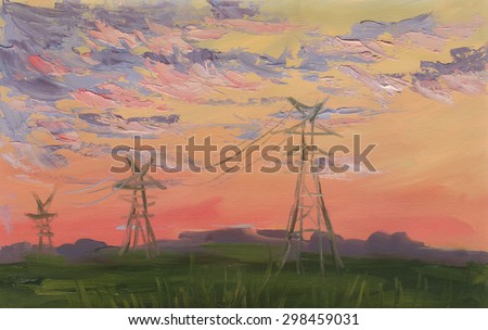 Power lines on the backdrop of a summer sunset. Oil painting