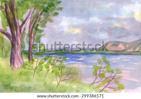 Summer landscape with trees on the river Bank. Painting. Watercolor