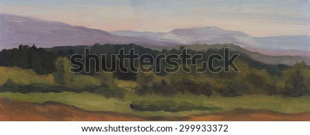 Summer landscape, panorama. Mountains, forest. Oil painting