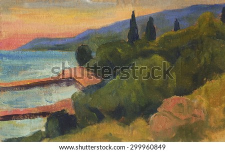 Summer landscape, mountain, sea, cypress. Oil painting