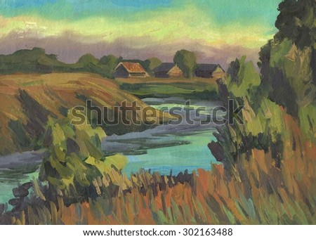 Summer rural landscape. Houses, trees on the river Bank. Oil painting