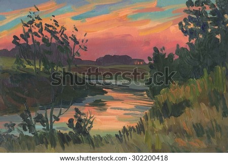 Sunset on the river. Summer evening landscape. Oil painting