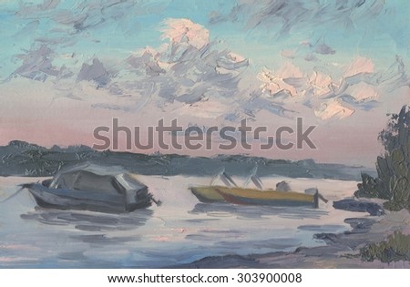 Boats on the river. Evening landscape. Oil painting