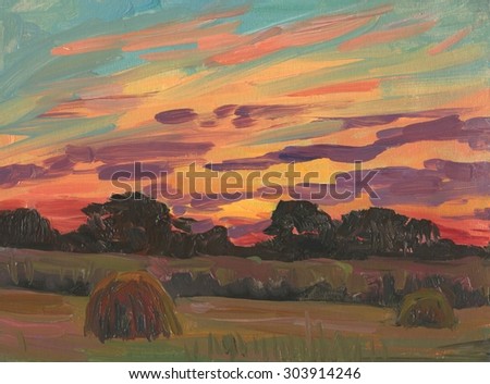 Haystacks in the field. Evening landscape. Oil painting