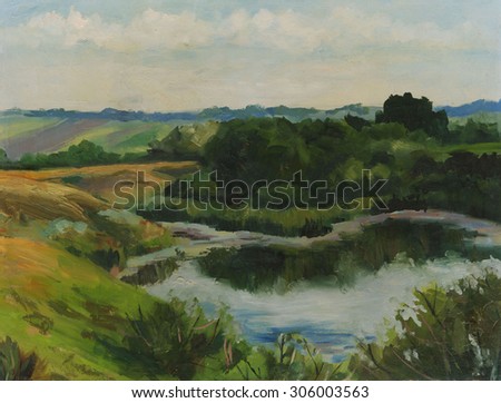 Summer landscape with lake. Oil painting