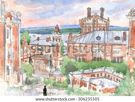 View of the Brewery from the monastery. The city skyline. Architecture. Attraction. Old buildings on the background of the river. Watercolor painting
