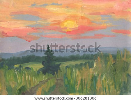 Summer landscape with tree at sunset. Oil painting
