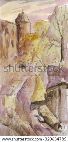 Skyline.The old medieval town, gun on the pavement, a building with a tower . Watercolor painting