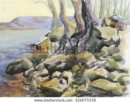 landscape of the shore, the trees, the rocks, the water, the mountains. Watercolor painting