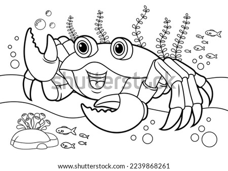 coloring book for kids, animals cartoons, undersea, underwater coloring book, ocean animals for coloring, cartoon coloring, and Outline vector illustration for children. Cute cartoon characters, crab 