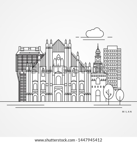 Detailed silhouette. Trendy vector illustration, flat style. Round colorful landmarks. The concept for a web banner. Milan Cathedral and La Scala - The symbol of Milan, Italy