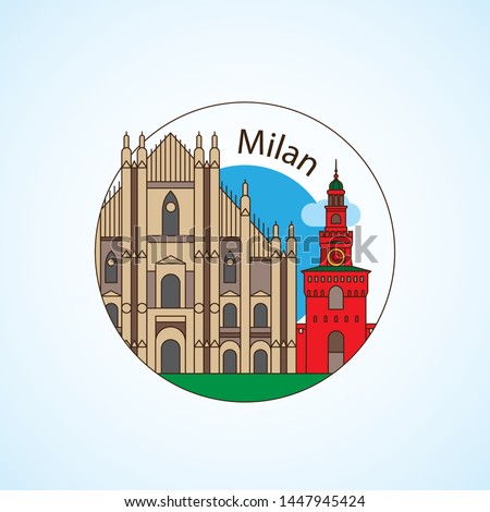 Detailed silhouette. Trendy vector illustration, flat style. Round colorful landmarks. The concept for a web banner. Milan Cathedral and La Scala - The symbol of Milan, Italy