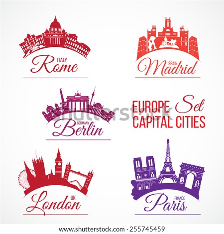 Biggest Europe capital cities skylines with lettering logos. Italy, Rome; Spain, Madrid; Germany, Berlin; Great Britain, London; France, Paris. Vector set