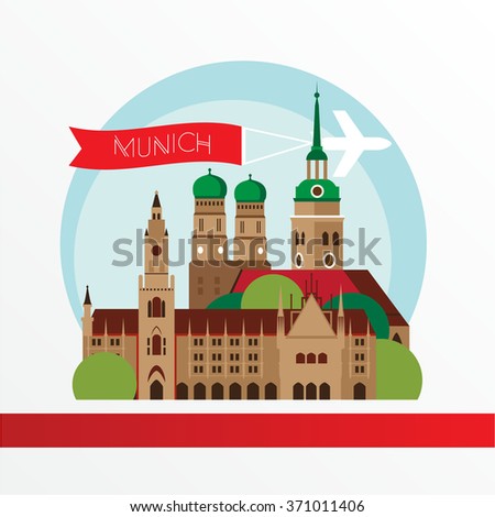 Munich skyline, detailed silhouette. Trendy vector illustration, flat style. Stylish colorful Munich Frauenkirche as symbol of Germany, Bavaria. Concept for a web banner