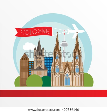 Cologne detailed silhouette. Trendy vector illustration, flat style. Stylish colorful  landmarks. Great St. Martin Church, Cologne Cathedral the symbol of Cologne, Germany. 