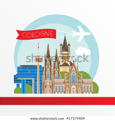 Cologne detailed silhouette. Trendy vector illustration, flat style. Stylish colorful  landmarks. Great St. Martin Church, Cologne Cathedral, Kranhaus the symbol of Germany.