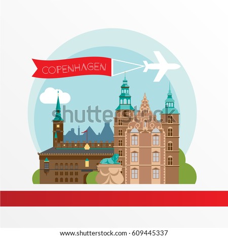 Copenhagen Denmark. Nordic capital. City skyline silhouette. Vector illustration. Icon for travel agency. City hall, Rosenborg Castle