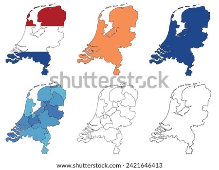 Map of the Netherlands Holland with provinces and in orange, blue, colors of the dutch flag, outlined provinces and outlined map, detailed map set of the netherlands vector illustration eps 10 