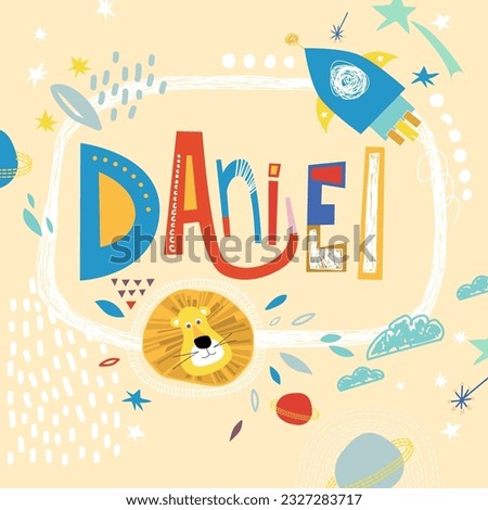 Bright card with beautiful name Daniel in planets, lion and simple forms. Awesome male name design in bright colors. Tremendous vector background for fabulous designs