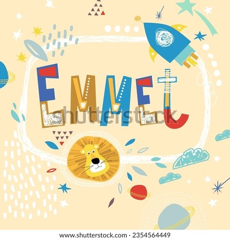Bright card with beautiful name Emmet in planets, lion and simple forms. Awesome male name design in bright colors. Tremendous vector background for fabulous designs