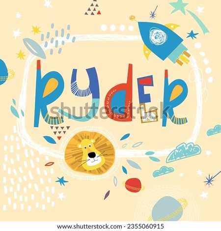 Bright card with beautiful name Ryder in planets, lion and simple forms. Awesome male name design in bright colors. Tremendous vector background for fabulous designs