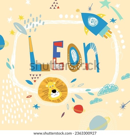 Bright card with beautiful name Leon in planets, lion and simple forms. Awesome male name design in bright colors. Tremendous vector background for fabulous designs