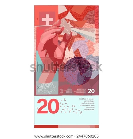 Vector illustration on a white isolated background of paper Swiss money 20 francs. Stylized illustration of Swiss money 20 francs