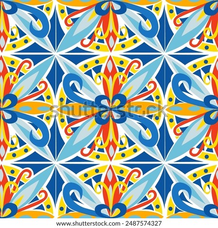 Vector geometric pattern in Sicilian majolica style with geometric patterns of plants and flowers in blue yellow orange shades