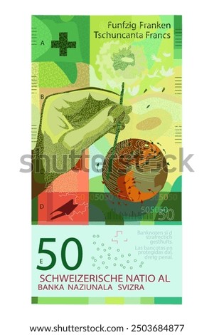 Vector illustration of a stylized green Swiss banknote. Vector 50 Swiss francs.