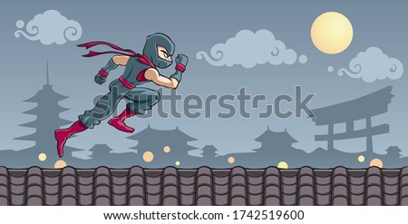 A ninja warrior running above the roof on the middle of the night.