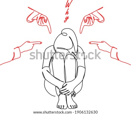 A sad or depressed young woman is surrounded by hands with index fingers pointing at her. The concept of a patchwork quilt, accusation, public censure, and victim blaming. Continuous line drawing conc