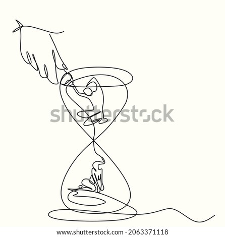 continuous drawing with one line of the hand squeezing out of the tube the image of a man in an hourglass and at the bottom of the timer the image of a woman. The concept of time, loss of relationship