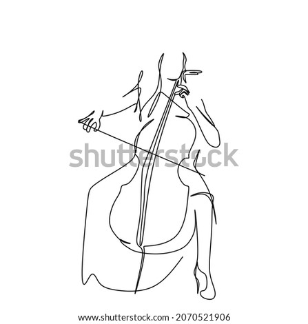 Continuous drawing with one line of the silhouette of a woman playing the cello. The cellist plays a classical musical instrument.