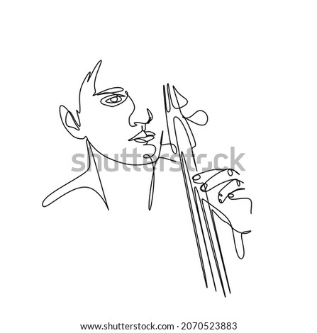 A continuous drawing with a single silhouette line of a young man playing the cello. A cellist in the minimalist style.