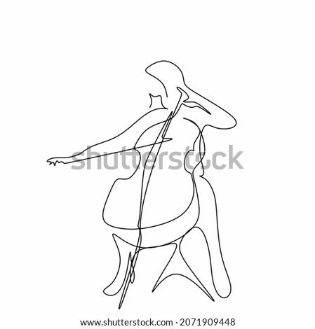 Continuous drawing with a single silhouette line of a woman playing the cello. A cellist in the minimalist style.
