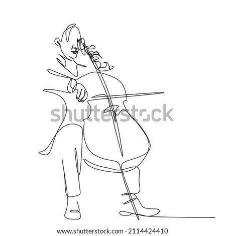 A continuous drawing with a single silhouette line of a man playing the cello. A cellist in the minimalist style.