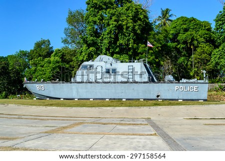 PHANG-NGA, THAILAND-FEBRUARY 23, 2015:Tsunami Police Boat 813 at International Tsunami Museum in Phang nga, Thailand.The boat was swept inland almost 2 Km. in December 26, 2004