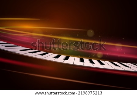 music background Curved piano keys on light trails gold and red circle abstract on a black background