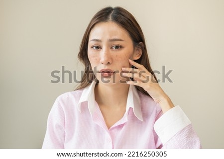 Similar – Image, Stock Photo Young Woman with Hands on Head in Blue Background Studio